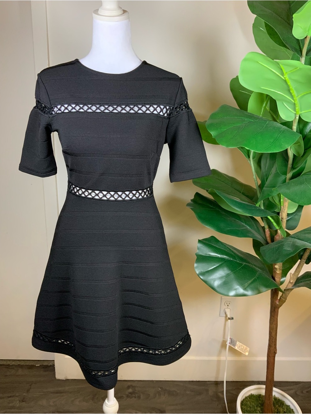 Topshop Black Fit-and-Flare Short Sleeve Dress with Lattice Trim